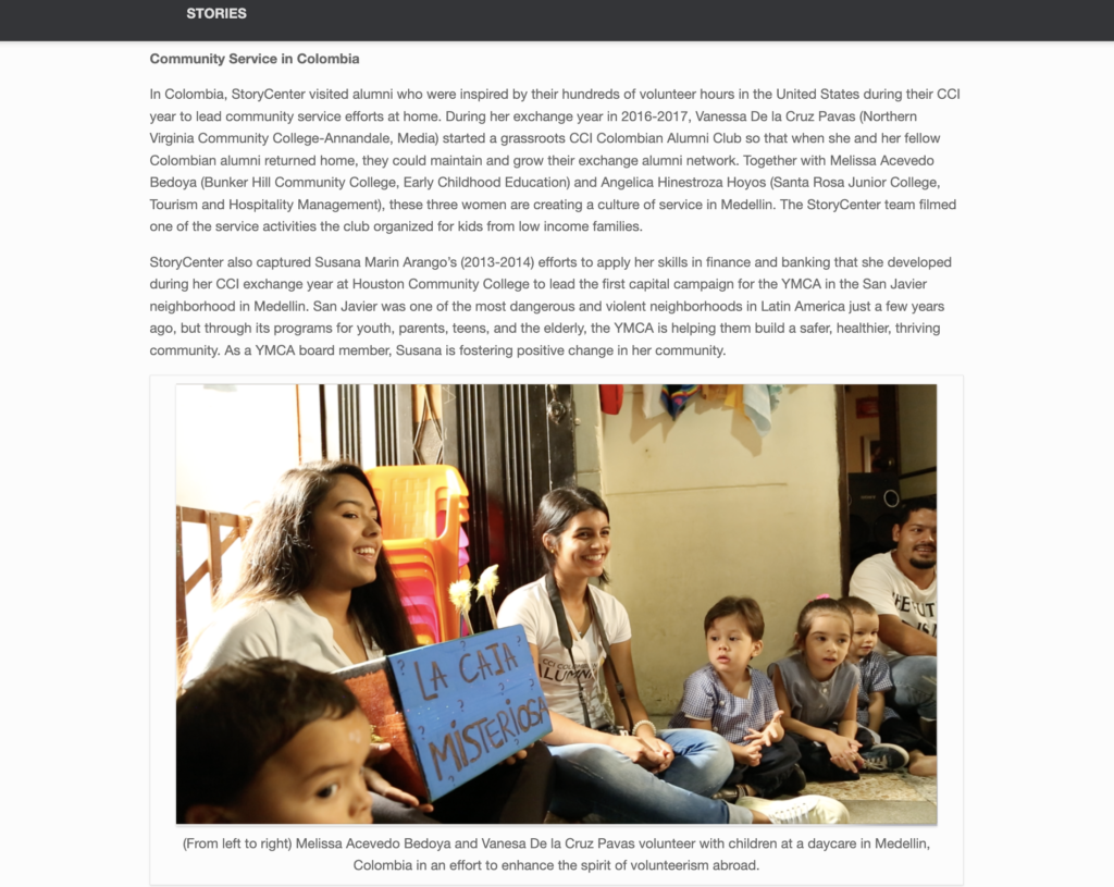 Screenshot of Article from the NVCC about the community projects developed by Vanesa in Colombia.